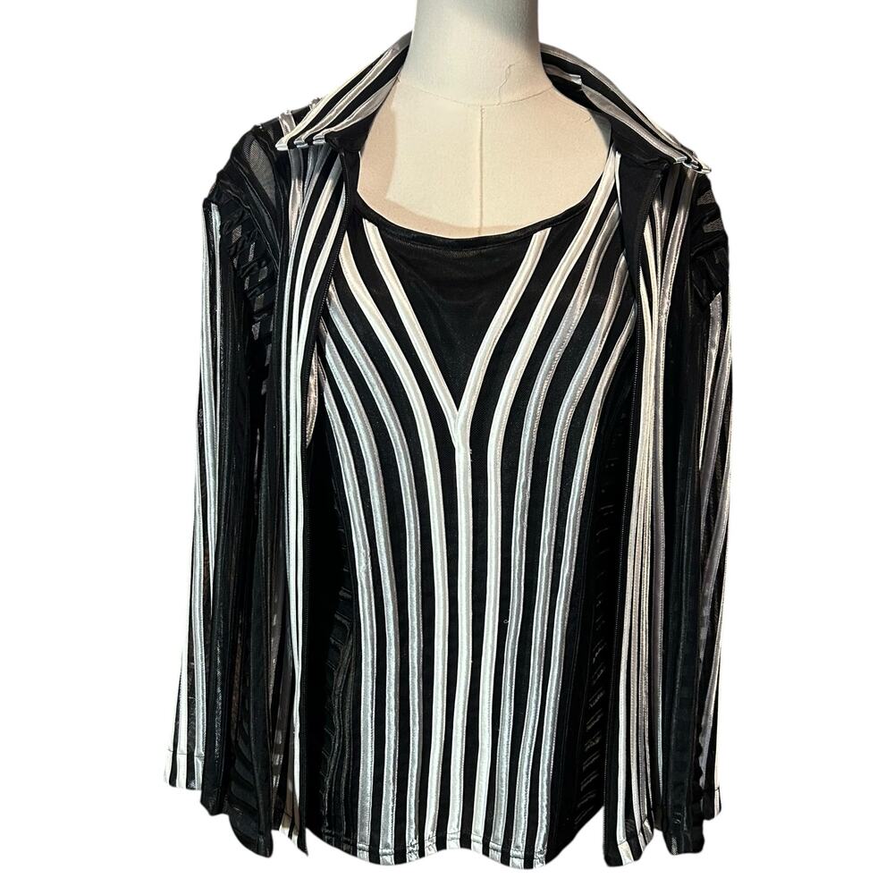 Damee Inc 2 PC Set Top Overshirt Black Silver Metallic Sheer Mesh XL Space Punk